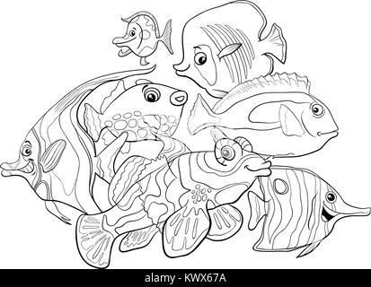 Schwarze und Weiße Cartoon Illustration der tropischen Fische Leben im Meer Tier Zeichen Gruppe Malbuch Stock Vektor