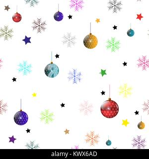 Vektor nahtlose Muster. Bunte Weihnachtskugeln und Schneeflocken. Farbenfrohes Design für Grußkarten, Stoff, Geschenkpapier, Einladung, statione Stock Vektor