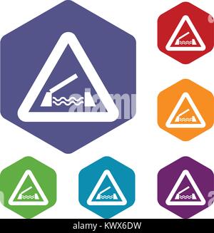 Heben Brücke Warnschild Icons Set Rhombus in verschiedenen Farben auf weißem Hintergrund Stock Vektor