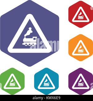 Warnschild Bahnübergang ohne Barriere Icons Set Rhombus in verschiedenen Farben auf weißem Hintergrund Stock Vektor