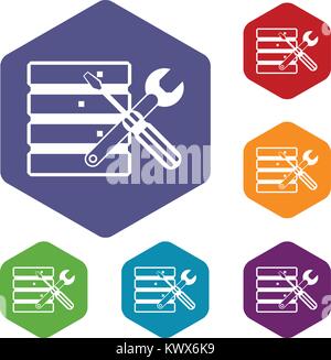 Datenbank mit screwdriverl und Schraubenschlüssel Icons Set Rhombus in verschiedenen Farben auf weißem Hintergrund Stock Vektor