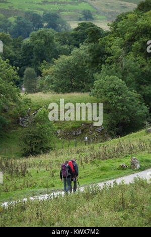 2 männlichen Spaziergänger oder Wanderer mit Rucksack, gehen gemeinsam entlang der Pennine Way National Trail Wanderweg - in der Nähe von Malham Cove, Yorkshire Dales, England, UK. Stockfoto