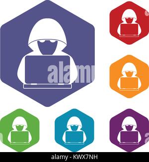 Computer Hacker mit Laptop Icons Set Rhombus in verschiedenen Farben auf weißem Hintergrund Stock Vektor