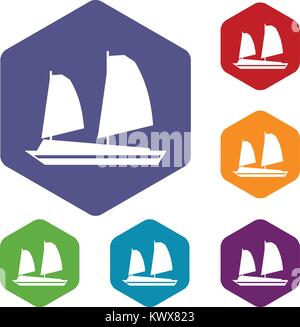 Vietnamesische junk boat Icons Set Rhombus in verschiedenen Farben auf weißem Hintergrund Stock Vektor