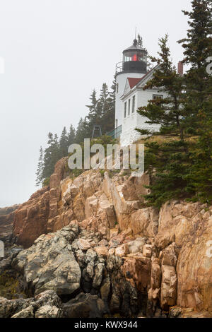 Der Bass Harbor Head Light Leuchtturm thront an der felsigen Küste von Mount Desert Island. Acadia National Park, Maine Stockfoto