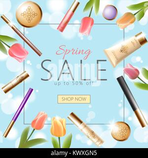 Realistische 3D-kosmetischen Frühling Verkauf banner Vorlage. Platz Werbe Poster Tulpe Blume Blüte blau Himmel blur hell gold Paket rosa Rahmen flach Vector Illustration Stock Vektor