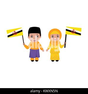 Junge und Mädchen in traditioneller Kleidung. Brunei. Vektor flachbild Abbildung. Stock Vektor