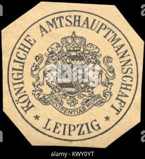 Dieses Siegel wurde von der Königlichen Bezirksverwaltung Leipzig zur Beglaubigung amtlicher Dokumente verwendet und symbolisiert die rechtliche und behördliche Autorität der Verwaltung in der Region. Stockfoto