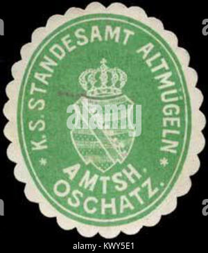 Der Titel bezieht sich auf eine königliche Siegelmarke des Königreichs Sachsen, die im Standesamt in Altmögeln, bei der Kreisbehörde Oschatz, verwendet wurde. Es handelt sich um ein Dokument mit amtlicher Rechtspersönlichkeit aus dem 19. Oder frühen 20. Jahrhundert. Stockfoto