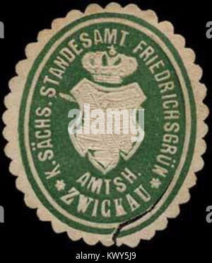Dieser Titel bezieht sich auf eine historische Siegelmarke des Königlich Sächsischen Registeramtes Friedrichsgrün, Teil des Regierungsbezirks Zwickau, die zur amtlichen Dokumentation verwendet wurde. Stockfoto