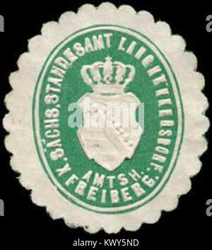 Dieses Siegel wurde vom Königlich Sächsischen Standesamt Langhennersdorf unter der Amtshauptmannschaft Leipzig verwendet. Es wurde verwendet, um im 19. Jahrhundert zivile Aufzeichnungen zu authentifizieren, einschließlich Geburten, Ehen und Todesfälle. Stockfoto