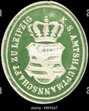 Dieser Titel bezieht sich auf eine Siegelmarke der Königlich Sächsischen Amtshauptmannschaft in Leipzig, katalogisiert als W0234496. Es handelt sich um ein historisches Verwaltungsdokument aus Deutschland. Stockfoto