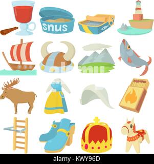 Schweden reisen Symbole Symbole, Cartoon Stil Stock Vektor