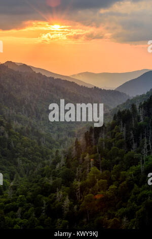 Sonnenuntergang vom Newfound Gap in Great Smoky Mountains National Park. Stockfoto