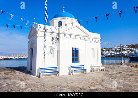 Agios Nikolaos Kirche, Insel Mykonos in Griechenland. Diese Kirche ist eine der wenigen post-byzantinischen Kirchen der Insel. Stockfoto