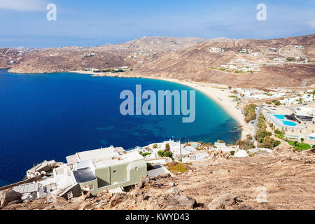 Elia Beach Antenne Panoramablick vom Aussichtspunkt auf der Insel Mykonos, Kykladen in Griechenland Stockfoto