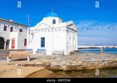 Agios Nikolaos Kirche, Insel Mykonos in Griechenland. Diese Kirche ist eine der wenigen post-byzantinischen Kirchen der Insel. Stockfoto