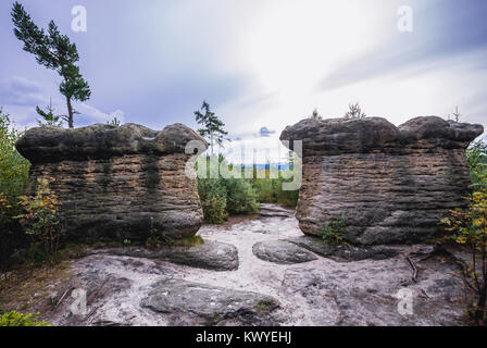 Die steinpilze Felsformation in Broumovske Steny (Broumov Wände) Bergkette und Naturschutzgebiet, Teil der Tabelle die Berge in der Tschechischen Republik Stockfoto