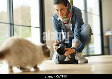 Frau Fotograf die Bilder von cat Stockfoto