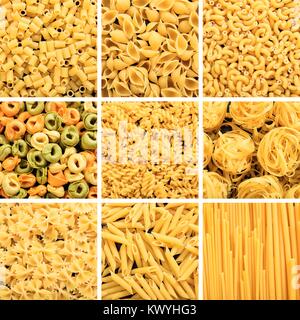 Vielzahl an raw Pasta formen Collage Stockfoto