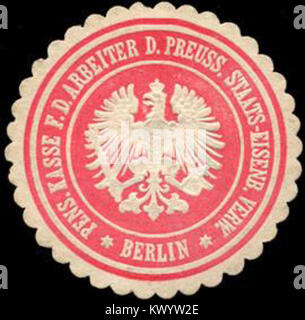 Dieses historische Siegel stellt den Rentenfonds für die Arbeitnehmer der Preußischen Staatseisenbahnverwaltung dar und symbolisiert das Wohlfahrtssystem der Eisenbahnarbeiter in Deutschland. Stockfoto
