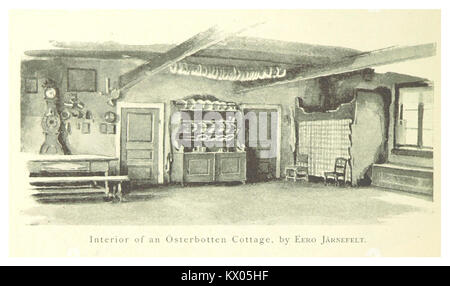 Dieses Bild zeigt das Innere eines traditionellen Landhauses in Västerbotten, Schweden, aus dem Jahr 1894. Es zeigt rustikale Architektur und das Leben des ländlichen Nordschweden im späten 19. Jahrhundert. Stockfoto