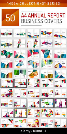 Mega Sammlung von 50 business Jahresbericht Broschüre vorlagen, A4 Größe deckt mit geometrischen moderne Muster - Quadrate, Linien, Dreiecke erstellt, wa Stockfoto