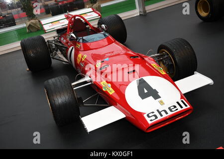 MUGELLO, IT, Oktober 2017: Vintage Ferrari F1 312 B 1970 von Clay Regazzoni und Jacky Ickx bei Paddock Show von Ferrari Jubiläum 1947-2017 im Mugello Stockfoto