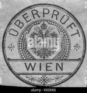 Dieser Titel bezieht sich auf eine Siegelmarke aus Wien, Österreich. Es handelt sich um einen amtlichen Stempel, der zur Überprüfung oder Zertifizierung verwendet wird und die rechtlichen oder amtlichen Verfahren in Österreich während seiner Verwendung widerspiegelt. Stockfoto