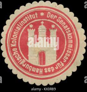 Dieser Papiersiegelstempel wurde Anfang des 20. Jahrhunderts vom Senatsbeauftragten des Hamburger Kolonialinstituts verwendet, um offizielle Dokumente zu kolonialen Angelegenheiten zu versiegeln. Solche Briefmarken waren Standard für die Echtheitsprüfung von Korrespondenz. Stockfoto