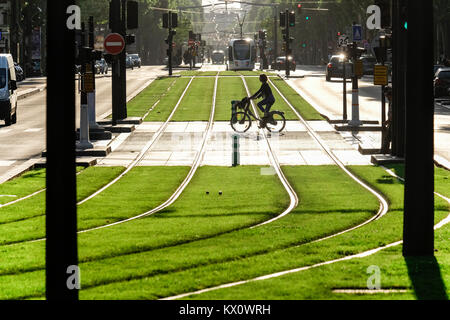 Frankreich, Paris (75), 14. Arrondissement, Straßenbahn, Frau auf einem Fahrrad Kreuzung Titel. Stockfoto