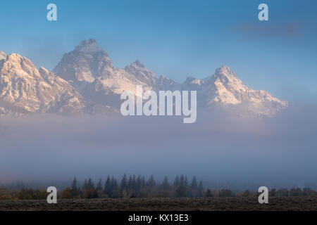 Ein dicker Nebel die den Teton Mountains bei Sonnenaufgang. Der Grand Teton National Park, Wyoming Stockfoto