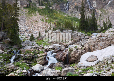 Wasserfälle über Felsen und Klippen Gießen von schmelzenden Schnee in der South Fork von Cascade Canyon in den Teton Mountains. Der Grand Teton National Park, Wyom Stockfoto