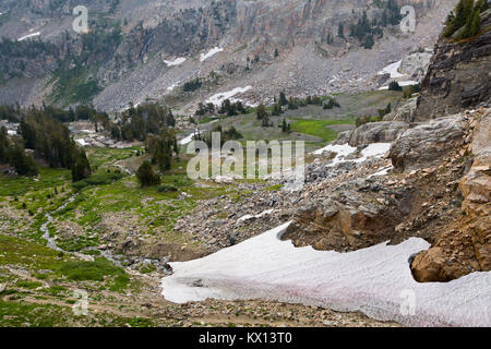 Ein kleiner Bach aus schmelzendem Schnee hoch oben in der South Fork von Cascade Canyon in den Teton Mountains produziert. Der Grand Teton National Park, Wyoming Stockfoto