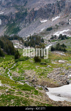 Wasserfälle Gießen von den Klippen oberhalb der Teton Crest Trail in South Fork von Cascade Canyon in den Teton Mountains. Der Grand Teton National Park, Stockfoto