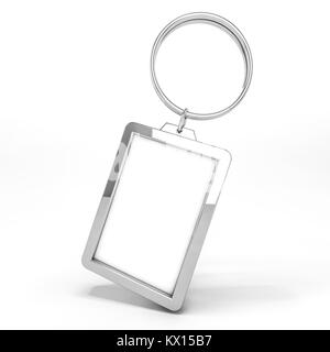 3D Rendering Illustration eines leeren Metall Schlüsselanhänger mit einem Ring für einen Schlüssel, isoliert auf einem weißen Hintergrund. Ideale Vorlage für Branding, Identity Guide Stockfoto
