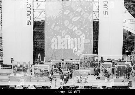 Bühne für Jean Michel Jarre Konzert Europa Tournee, die Inszenierung von Edwin Shirely Inszenierung in der Waldbhuene outdoor Auditorium in Berlin, Deutschland, 11. September 1993. Stockfoto