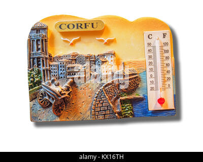 Korfu (Griechenland) souvenir Kühlschrank Magnet auf weißem Hintergrund Stockfoto