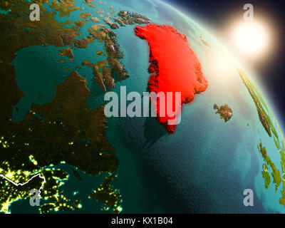 Sonnenuntergang über Grönland aus dem Weltraum auf dem Planeten Erde mit sichtbaren Grenzen. 3D-Darstellung. Elemente dieses Bild von der NASA eingerichtet. Stockfoto