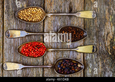 Verschiedene Arten von Pfeffer Gewürz in vintage Löffel auf Holz Hintergrund verschiedene Arten von Gewürz Paprika Stockfoto