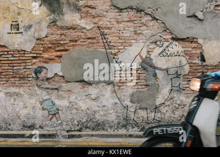 Street Art von Ernest Zacharevic in Georgetown, Penang, Malaysia. Stockfoto