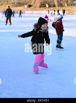 Changchun, Jilin Provinz Chinas. 6. Januar, 2018. Kinder spielen an einer Eisbahn während des ersten Tages der Winter Urlaub im Kinderpark in Changchun, Hauptstadt der Provinz Jilin im Nordosten Chinas, Jan. 6, 2018. Bild: Lin Hong/Xinhua/Alamy leben Nachrichten Stockfoto