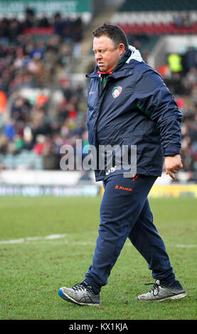 Leicester, Großbritannien. 5 Jan, 2018. Tiger Head Coach Matt O'Connor während der Aufwärmphase Sitzung mit dem Aviva Premiership Runde 13 Spiel zwischen Leicester Tigers und London Irish rfc am Welford Road Stadium. Credit: Phil Hutchinson/Alamy leben Nachrichten Stockfoto