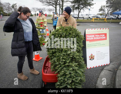 Richmond, Kanada. 6. Januar, 2018. Ein Feuerwehrmann sammelt die Baum von einem Bewohner während der jährlichen Weihnachtsbaum chipping Veranstaltung in Richmond, Kanada, Jan. 6, 2018. Gesammelten Bäume werden abgebrochen und für Sie zu Ressourcen zugeführt werden. Credit: Liang Sen/Xinhua/Alamy leben Nachrichten Stockfoto