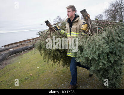 Richmond, Kanada. 6. Januar, 2018. Ein Feuerwehrmann trägt die Bäume für das Recycling im Rahmen des jährlichen Weihnachtsbaum chipping Veranstaltung in Richmond, Kanada, Jan. 6, 2018. Gesammelten Bäume werden abgebrochen und für Sie zu Ressourcen zugeführt werden. Credit: Liang Sen/Xinhua/Alamy leben Nachrichten Stockfoto