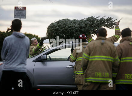 Richmond, Kanada. 6. Januar, 2018. Feuerwehrmänner einen Baum von einem Auto entfernen Sie während der jährlichen Weihnachtsbaum chipping Veranstaltung in Richmond, Kanada, Jan. 6, 2018. Gesammelten Bäume werden abgebrochen und für Sie zu Ressourcen zugeführt werden. Credit: Liang Sen/Xinhua/Alamy leben Nachrichten Stockfoto