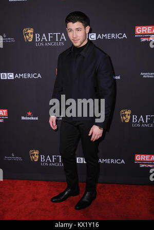 Beverly Hills, CA, USA. Januar 2018. 6. Januar 2018 - Beverly Hills, Kalifornien - Nick Jonas. 2018 fand die BAFTA Tea Party im Four Seasons Los Angeles in Beverly Hills statt. Foto: Birdie Thompson/Admedia Stockfoto