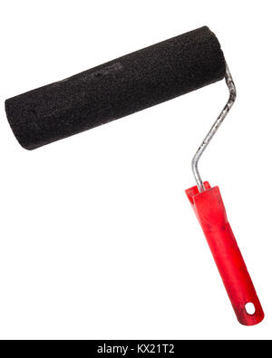 Verwendet Farbroller auf weißem Hintergrund Stockfoto