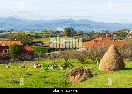 Pastorale Landschaft von Escamplero Dorf mit einem haystake im Vordergrund. Asturien, Spanien Stockfoto