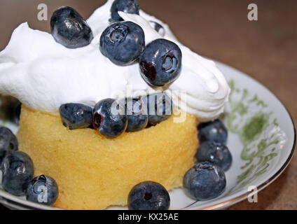 Frische süße Blaubeeren auf einem mini Kuchen abgerundet mit flauschigen Schlagsahne Stockfoto